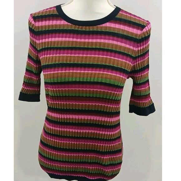Trina Turk Multi Colored Striped Stretch Knit Short‎ Sleeve Pullover Size Small - Picture 2 of 6